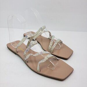 NEW Liliana Aisa Womens Size 6.5 Nude Rhinestone Square Toe Flat Strappy Sandals
